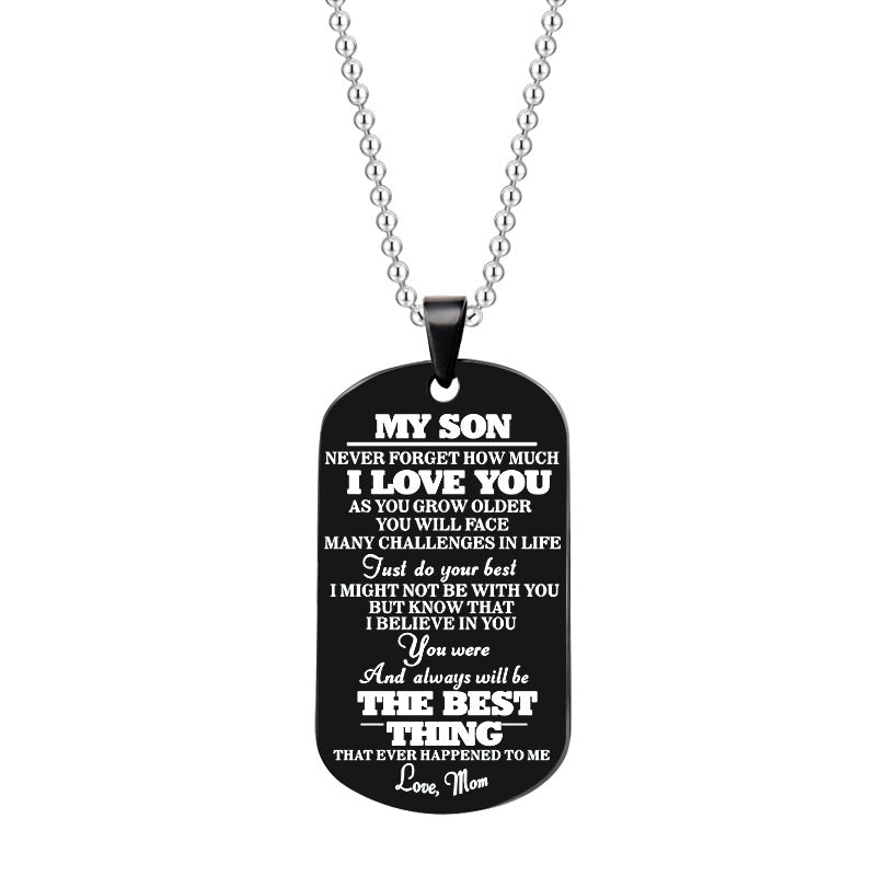 dad/mom to "my son" stainless steel rectangular necklace black from mom