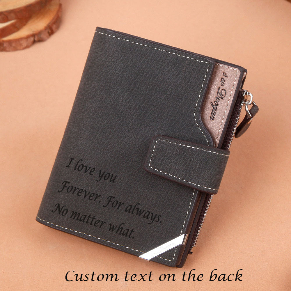 photo and text engraving personalized wallet with zipper coin pocket black
