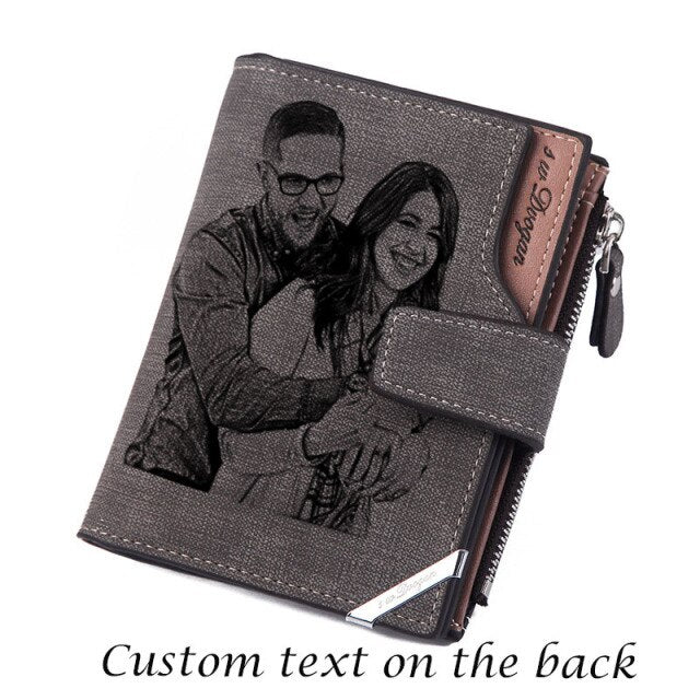 photo and text engraving personalized wallet with zipper coin pocket grey