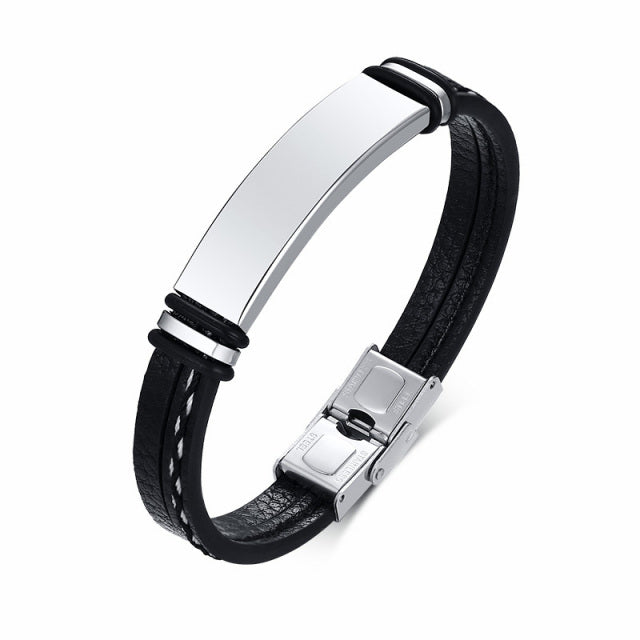 adjustable medical alert stainless steel id bracelet *personalized with leather strap*