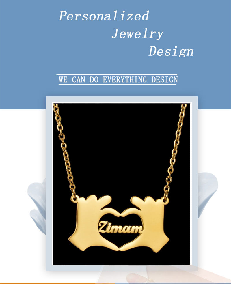creative custom name in heart shaped by hands necklace
