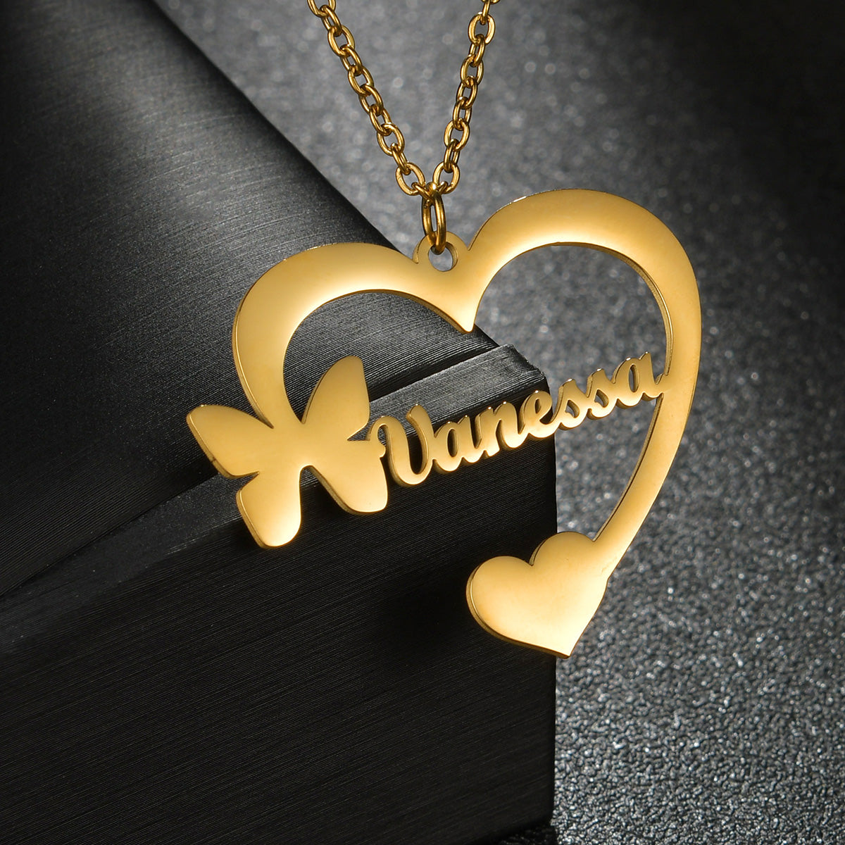 butterfly with two hearts custom name necklace